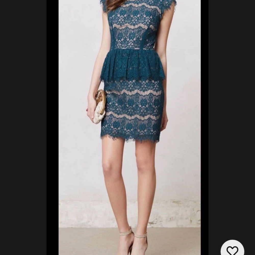 Maeve Anthropologie Teal Green Cap Sleeve Lace Peplum Waist Party Dress Size M